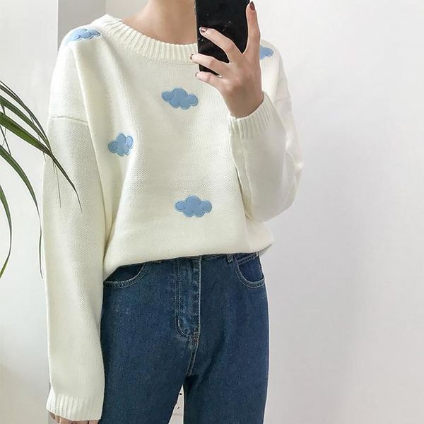 women's sweaters women round neck pullover sweater long sleeve 2021 fashion autumn and winter sweet girl loose casual cloud pattern1, White;black 
women's sweaters women round neck pullover sweater long sleeve 2021 fashion autumn and winter sweet girl loose casual cloud pattern1, White;black