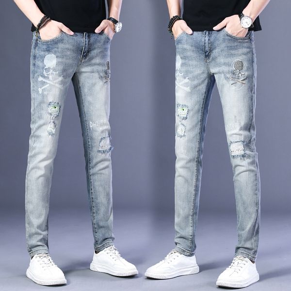 men's jeans with holes embroidered korean style stretch embroidered trousers and slim fit feet stretch youth men's trousers acqv3, Blue
men's jeans with holes embroidered korean style stretch embroidered trousers and slim fit feet stretch youth men's trousers acqv3, Blue