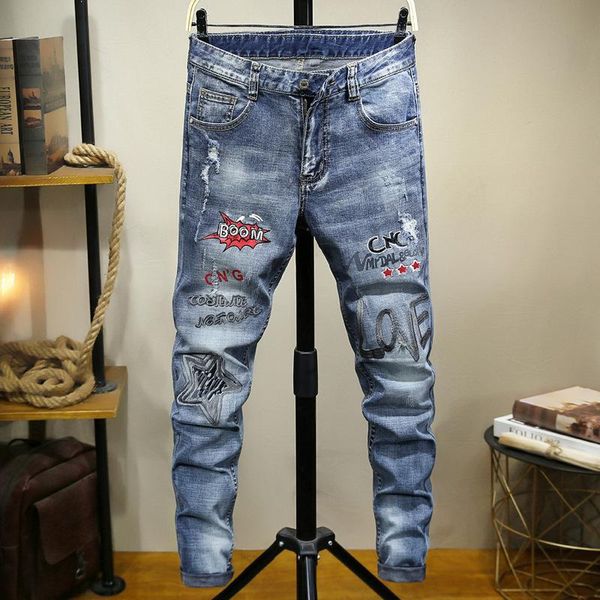 men's jeans 2y spring and autumn europe the united states style paint embroidered small leggings personalized hole slim, Blue
men's jeans 2y spring and autumn europe the united states style paint embroidered small leggings personalized hole slim, Blue