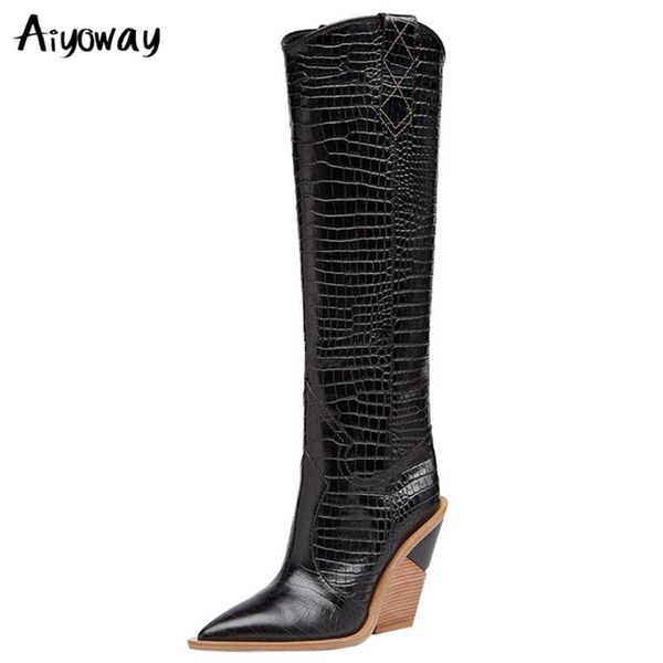 boots brand pu leather women knee pointed toe western cowboy chunky wedge aiyoway, Black