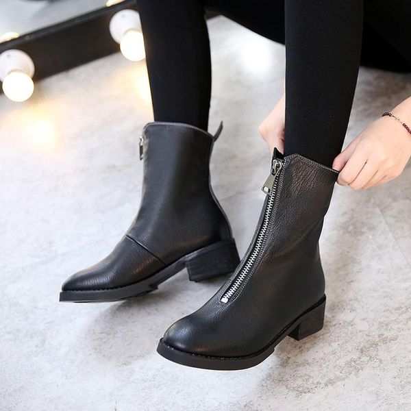 winter new front zipper short tube women's leather boots round head thick with leather plus velvet student casual fashion boots, Black
winter new front zipper short tube women's leather boots round head thick with leather plus velvet student casual fashion boots, Black