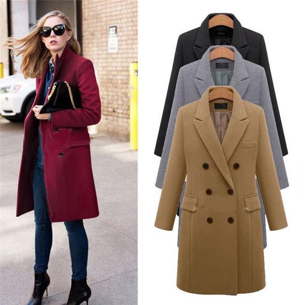 women's wool & blends 2021 autumn winter women lapel neck long sleeve casual blend trench woolen coat solid button outwear plus size, Black
women's wool & blends 2021 autumn winter women lapel neck long sleeve casual blend trench woolen coat solid button outwear plus size, Black