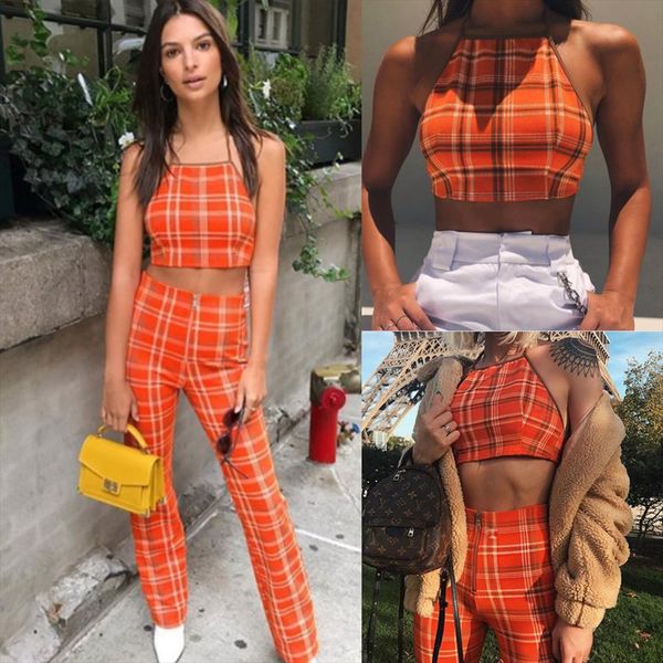 women summer plaid halterneck backless crop tee high waist zipper long pants trousers party wear sets, Gray
women summer plaid halterneck backless crop tee high waist zipper long pants trousers party wear sets, Gray