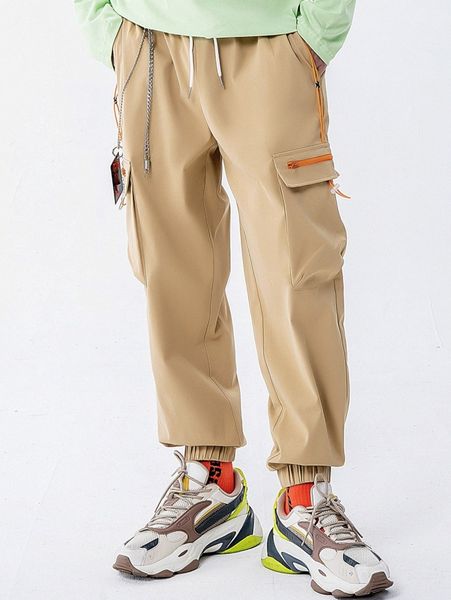men flap pocket side drawstring waist pants k4kj#, Black