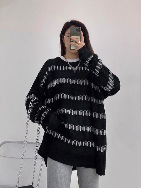 micro fat striped pullover long sleeve sweater autumn and winter new fat mm size women's loose joker outside wear top, White;black
micro fat striped pullover long sleeve sweater autumn and winter new fat mm size women's loose joker outside wear top, White;black