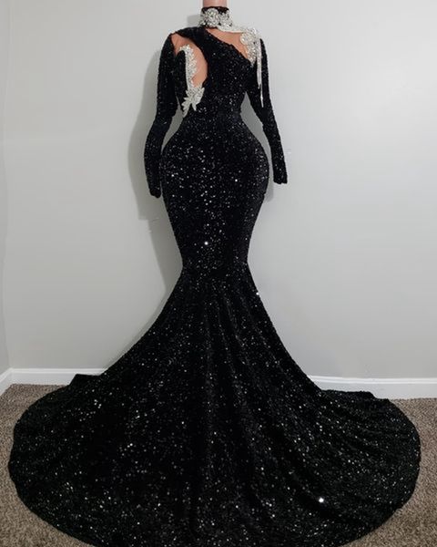high neck long sleeve sparkly evening gown black sequin african aos ebi black girls mermaid long prom dresses 2022, Black;red
high neck long sleeve sparkly evening gown black sequin african aos ebi black girls mermaid long prom dresses 2022, Black;red