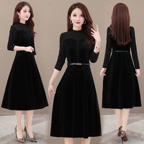 9518# gold velvet women's autumn 2020 new long sleeve young lady style high-end skirt dress dress vpv9h, Black;gray 
9518# gold velvet women's autumn 2020 new long sleeve young lady style high-end skirt dress dress vpv9h, Black;gray