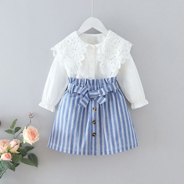wholesale 2021 spring girls 2-pcs sets long sleeves lace peter pan collar shirts+striped skirts with sashes kids clothes e115, White
wholesale 2021 spring girls 2-pcs sets long sleeves lace peter pan collar shirts+striped skirts with sashes kids clothes e115, White