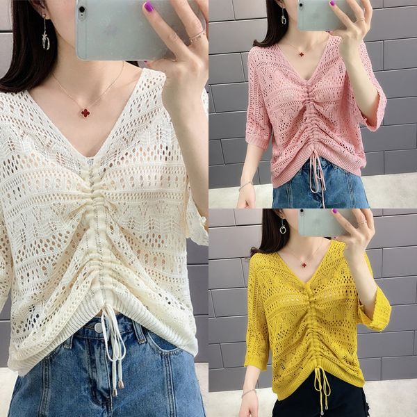 new style foreign style loose hollow out bat sleeve ice silk drawstring v-neck t-shirt for women's thin net red and sweater opco, White;black
new style foreign style loose hollow out bat sleeve ice silk drawstring v-neck t-shirt for women's thin net red and sweater opco, White;black