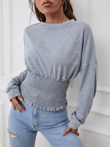 drop shoulder shirred frill trim sweatshirt z8hy#, White;black
drop shoulder shirred frill trim sweatshirt z8hy#, White;black