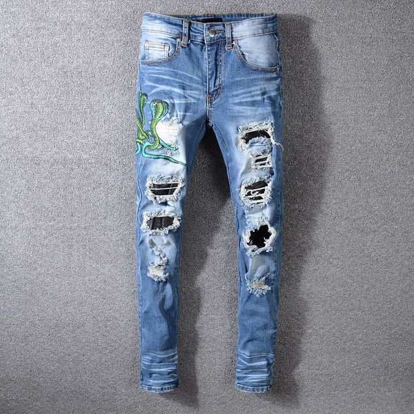 2020 new men's snake embroidery distressed patches leather sneak pants ny blue jeans slim trousers size 28-40
2020 new men's snake embroidery distressed patches leather sneak pants ny blue jeans slim trousers size 28-40