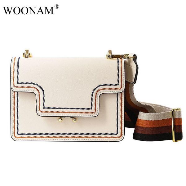 woonam women new fashion genuine calf leather contrast embroidery small flap bag satchel handbag wb612