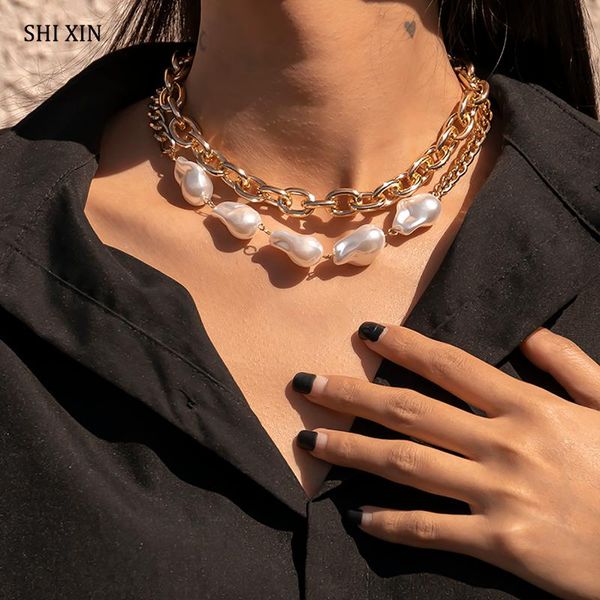 chokers shixin 2 pcs/set imitation baroque pearl necklace chunky thick link chain choker 2021 hip hop necklaces on neck jewelry, Golden;silver
chokers shixin 2 pcs/set imitation baroque pearl necklace chunky thick link chain choker 2021 hip hop necklaces on neck jewelry, Golden;silver