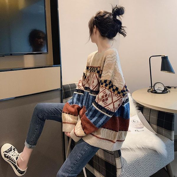 retro sweater autumn winter women 2021 new fashion loose outer wear knit sweaters for women, White;black
retro sweater autumn winter women 2021 new fashion loose outer wear knit sweaters for women, White;black