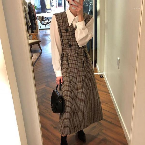 women two 2 piece set autumn long sleeve turn down collar basic blouses and vintage tank sleeveless button long plaid dress1, White
women two 2 piece set autumn long sleeve turn down collar basic blouses and vintage tank sleeveless button long plaid dress1, White