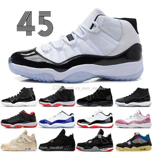 new 11 11s 25th anniversary bred 4 4s union noir black cat white cements basketball shoes concord 45 midnight navy men sports sneakers, White;red
new 11 11s 25th anniversary bred 4 4s union noir black cat white cements basketball shoes concord 45 midnight navy men sports sneakers, White;red