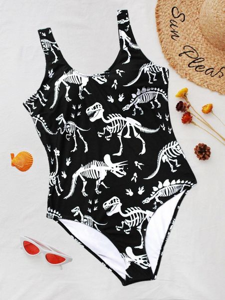 plus dinosaur print one-piece swimsuit l3ja#, Black