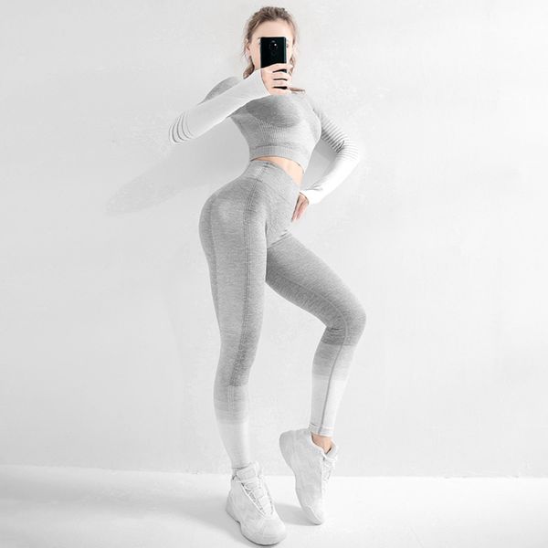 seamless 2 pcs yoga set women long sleeve high waisted tummy control sport leggings gym clothing ombre seamless sport suit c0122, Gray
seamless 2 pcs yoga set women long sleeve high waisted tummy control sport leggings gym clothing ombre seamless sport suit c0122, Gray