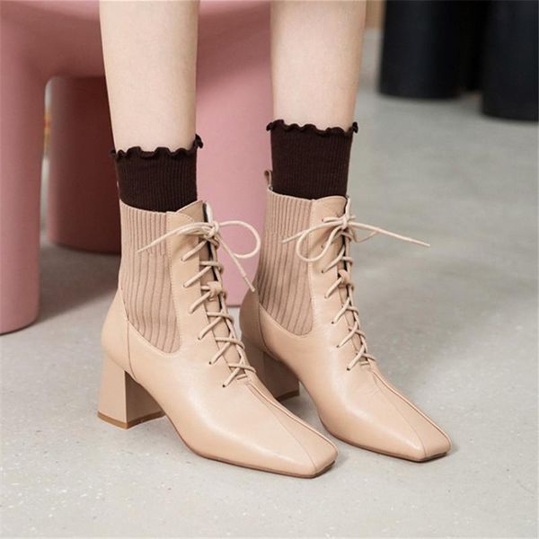 pxelena celebrity genuine leather+knitting ankle boots women lace up square toe block high heels office lady shoes autumn winter, Black
pxelena celebrity genuine leather+knitting ankle boots women lace up square toe block high heels office lady shoes autumn winter, Black