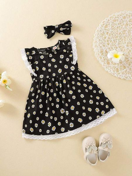 baby girl ruffle lace trim floral print smock dress & headband she, Red;yellow