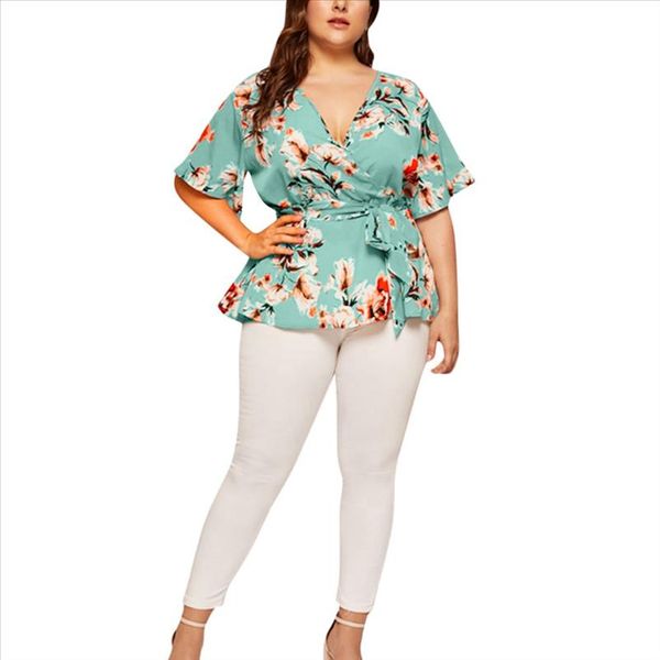 women blouse plus size v neck floral print flare sleeve belted surplice peplum and blouse blusas feminina bl4, White
women blouse plus size v neck floral print flare sleeve belted surplice peplum and blouse blusas feminina bl4, White
