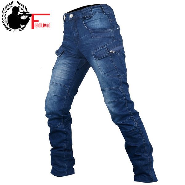 2021 new men's brim pants elastic waistband jean high-quality tactical clearance multi-pocket male denim cargo jeans jbnl, Blue