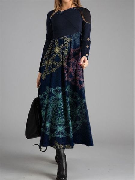 2020 pullover fashion print mid waist sleeve casual long dress, Black;gray