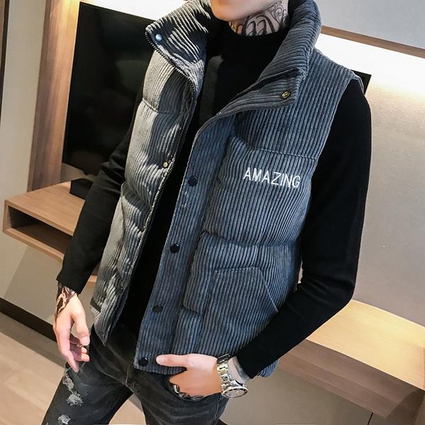 men's vests men with pockets jacket corduroy waistcoat winter stand-up collar sleeveless slim youth thick, Black;white 
men's vests men with pockets jacket corduroy waistcoat winter stand-up collar sleeveless slim youth thick, Black;white
