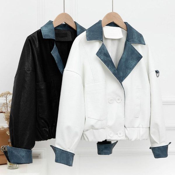 women's leather & faux 2021 spring autumn female korean version loose thin bat sleeve imitation denim stitching pu lapel hit color wome, Black
women's leather & faux 2021 spring autumn female korean version loose thin bat sleeve imitation denim stitching pu lapel hit color wome, Black