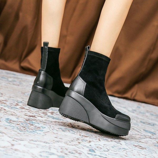 2020 women mid autumn calf boots fashion wedge shoes high platform stretch cloth sock boots black flock for women shoes