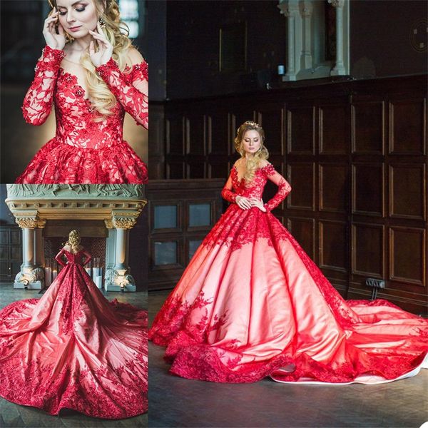 luxury red wedding dresses a line long sleeves beads appliqued lace bridal gowns court train gorgeous custom made robes de mariée, White
luxury red wedding dresses a line long sleeves beads appliqued lace bridal gowns court train gorgeous custom made robes de mariée, White