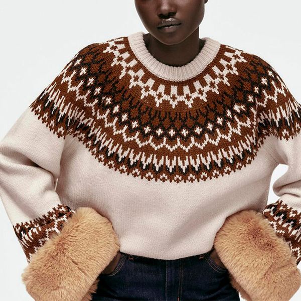 women vintage faux fur knitted sweater pullover female fashion casual jacquard long sleeve warm short jersey, White;black 
women vintage faux fur knitted sweater pullover female fashion casual jacquard long sleeve warm short jersey, White;black