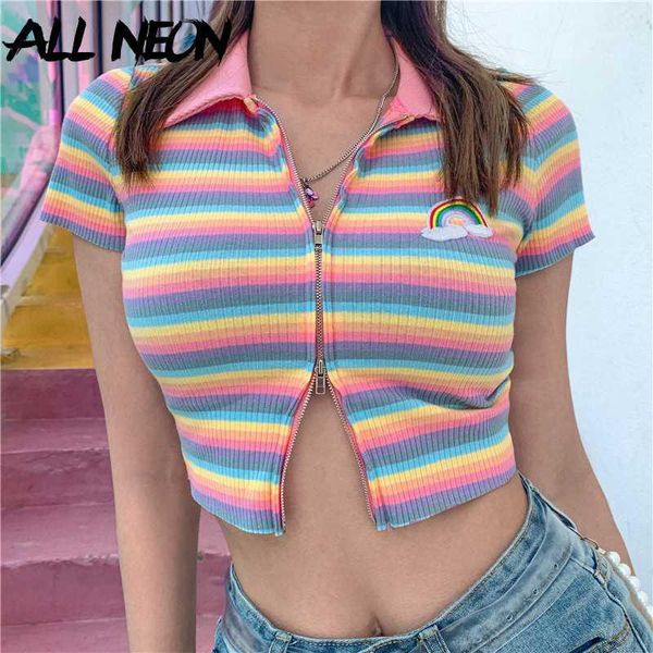 allneon sweet rainbow embroidery zipper front striped crop e-girl 90s ribbed turn-down collar short sleeve t-shirts summer1, White
allneon sweet rainbow embroidery zipper front striped crop e-girl 90s ribbed turn-down collar short sleeve t-shirts summer1, White