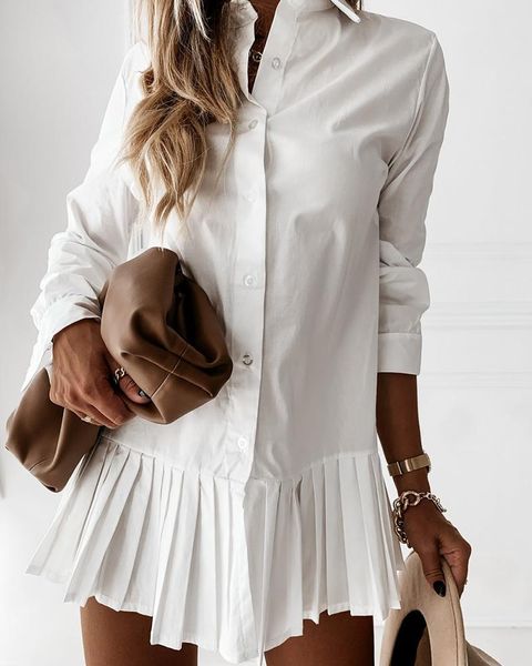 autumn solid pleated shirt dress 2021 women casual turn down collar long sleeve mini dress button lady a line office vestidos, Black;gray 
autumn solid pleated shirt dress 2021 women casual turn down collar long sleeve mini dress button lady a line office vestidos, Black;gray