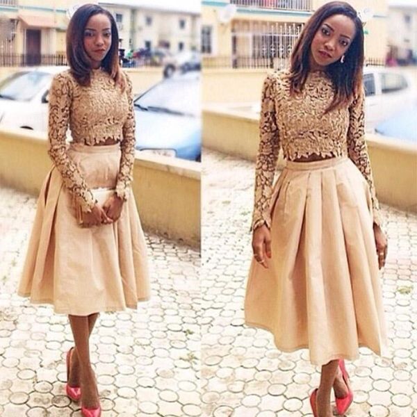 2021 gold two piece prom dresses long sleeves lace satin tea length high neck satin custom made formal evening gown plus size vestido, Black
2021 gold two piece prom dresses long sleeves lace satin tea length high neck satin custom made formal evening gown plus size vestido, Black