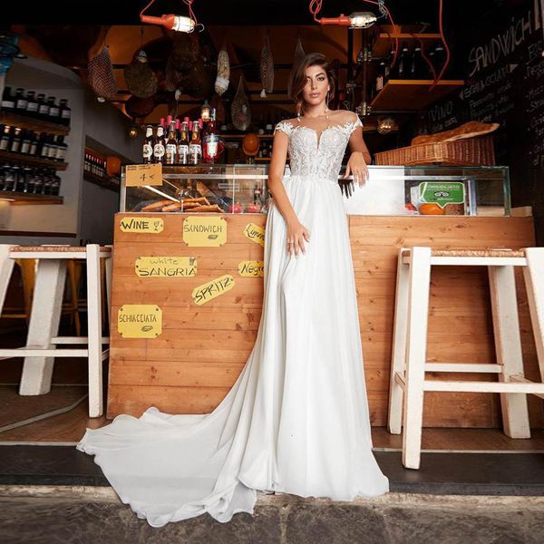 2021 beach wedding new arrival scoop neck see through lace applique chiffon bridal es vestido de novia h3zx, White 
2021 beach wedding new arrival scoop neck see through lace applique chiffon bridal es vestido de novia h3zx, White