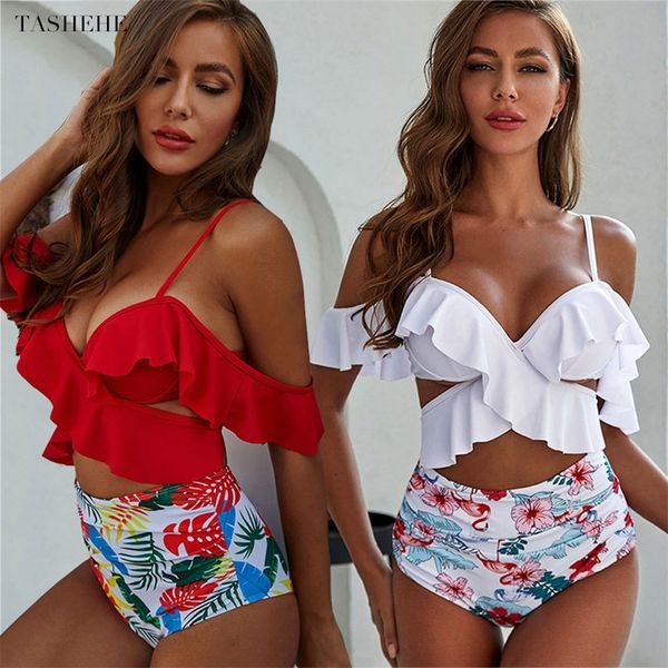 white ruffled bikini high waist swimsuit cross bandage floral print swimwear women plus size bathing suit biquinis female y200319, White;black
white ruffled bikini high waist swimsuit cross bandage floral print swimwear women plus size bathing suit biquinis female y200319, White;black