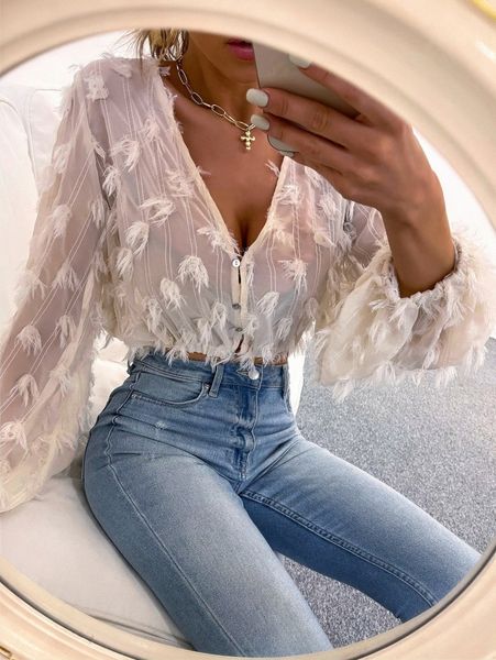 fringe overlay chiffon crop blouse a9ge#, White 
fringe overlay chiffon crop blouse a9ge#, White