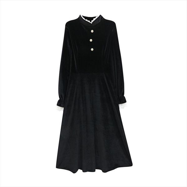 black lace collar solid button puff sleeve long sleeve mid calf midi dress elegant winter autum vintage velvet d1460, Black;gray
black lace collar solid button puff sleeve long sleeve mid calf midi dress elegant winter autum vintage velvet d1460, Black;gray
