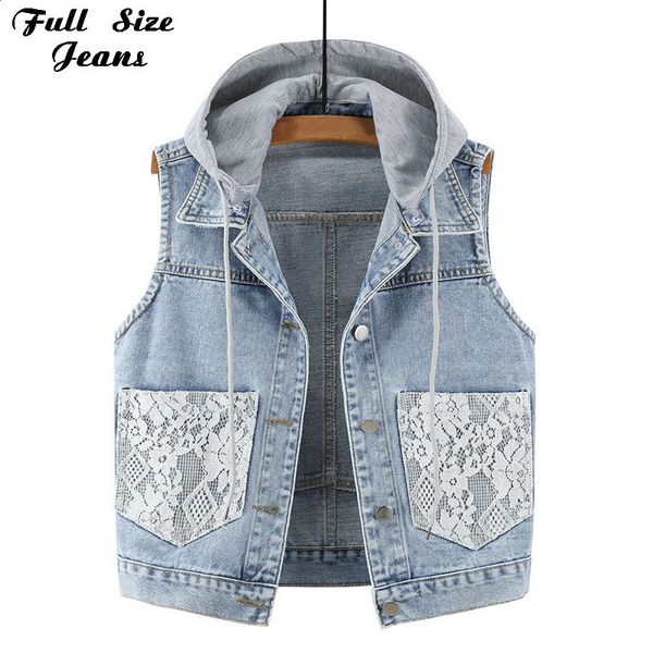 women plus size sleeveless lace pockets hooded denim vest 4xl 5xl korean all-match jeans waistcoat short outwear jackets 210204, Black;white
women plus size sleeveless lace pockets hooded denim vest 4xl 5xl korean all-match jeans waistcoat short outwear jackets 210204, Black;white