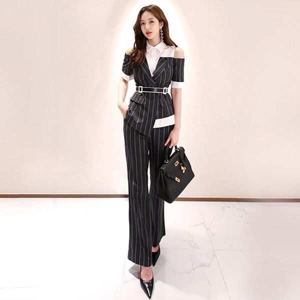 summer new office lady 2 piece sets women elegant off shoulder short sleeve sashes blazer + striped long trousers pants suit1, White