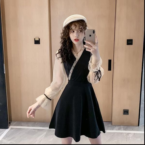 2021 new autumn women one piece dress korean mesh patchwork slim long sleeve middle waist dresses black 5709, Black;gray
2021 new autumn women one piece dress korean mesh patchwork slim long sleeve middle waist dresses black 5709, Black;gray