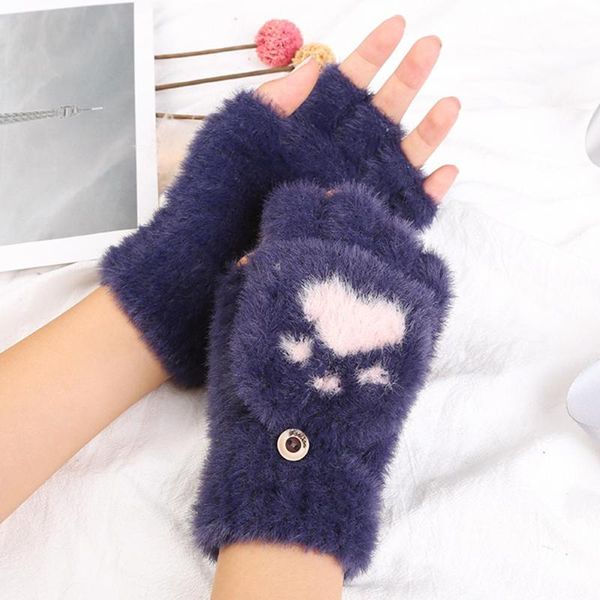 five fingers gloves winter thermal soft knitted fluff cute cat claw half-finger touch screen mittens women' fingerless flip cover, Blue;gray 
five fingers gloves winter thermal soft knitted fluff cute cat claw half-finger touch screen mittens women' fingerless flip cover, Blue;gray