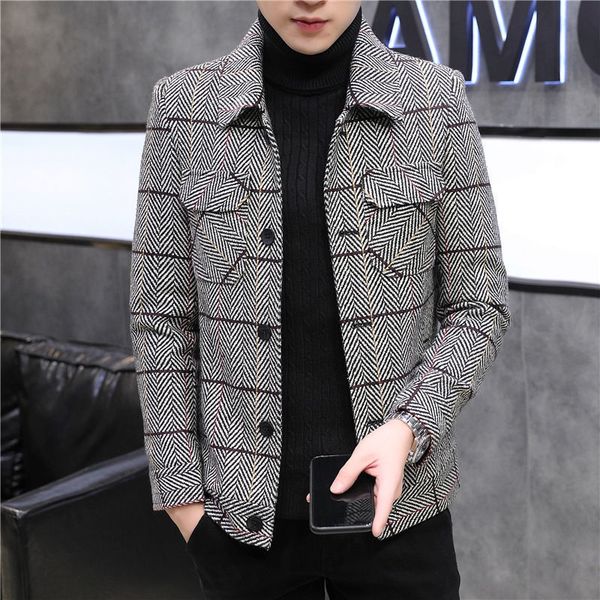 korean plaid woolen coat double faced cloth slim winter short windbreaker men's jacket, Tan;black
korean plaid woolen coat double faced cloth slim winter short windbreaker men's jacket, Tan;black