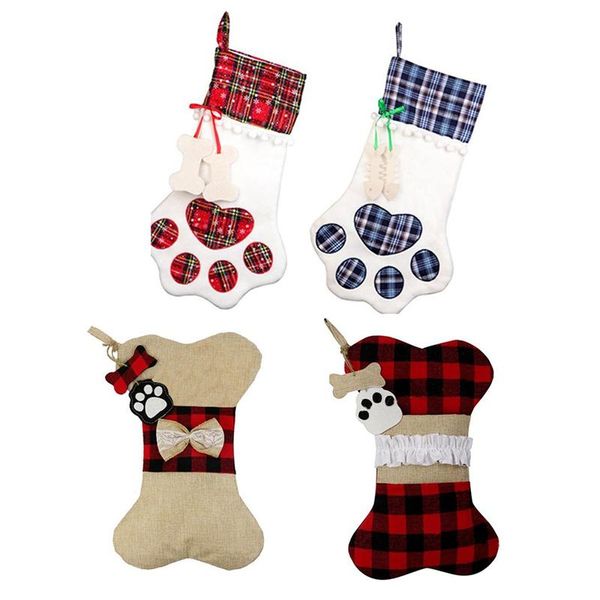 4-piece set of christmas decorations, christmas socks, gift bags, dog socks, lattice cloth bone socks