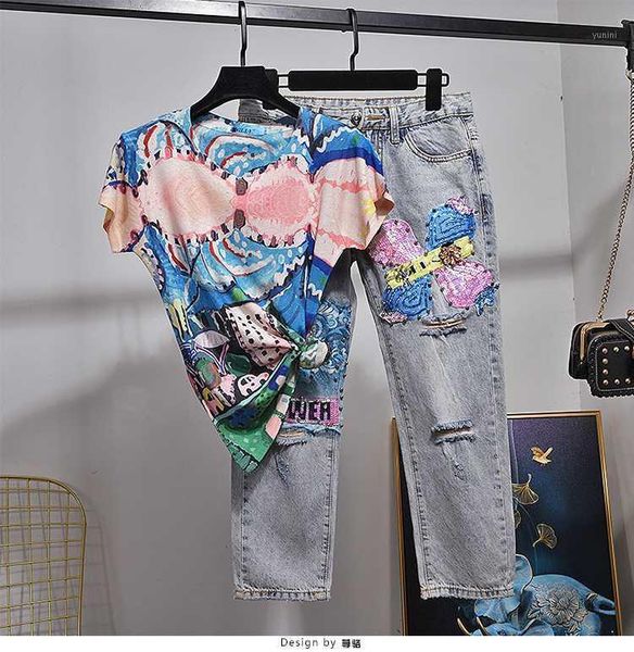 holes jeans sets for women summer new european retro print short sleeve t-shirt + denim jeans pants two-piece suit harajuku1, White
holes jeans sets for women summer new european retro print short sleeve t-shirt + denim jeans pants two-piece suit harajuku1, White