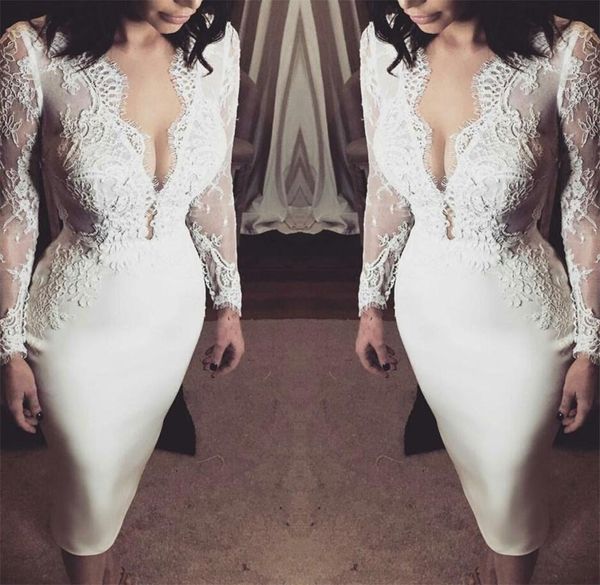 short sheath wedding dresses 2021 plunging v neck lace appliqued illusion long sleeves bridal gowns knee length satin robes de mariée al7645, White
short sheath wedding dresses 2021 plunging v neck lace appliqued illusion long sleeves bridal gowns knee length satin robes de mariée al7645, White