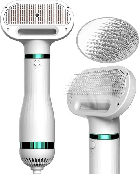 

2 in 1 pet grooming hair dryer with self cleaning slicker brush, 3 heat settings, one-button hair removal, portable dog blower