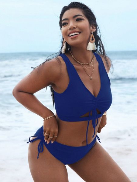 plus drawstring detail bikini swimsuit q6wl#, Black