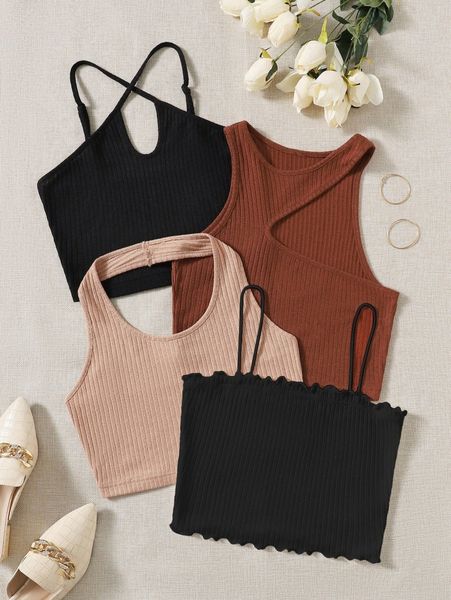 4pcs solid rib-knit c30f#, White
